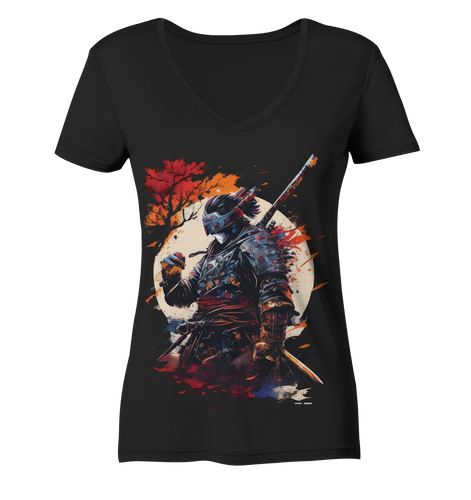 V-Ausschnitt Shirt für Damen Frauen T-Shirt Samurai Bushido Japan Katana 2374
