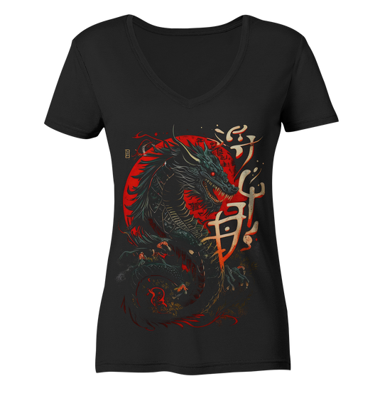 V-Ausschnitt Shirt für Damen Frauen T-Shirt Dragon - Samurai Bushido Japan Katana Drache 3952 - DragonHive