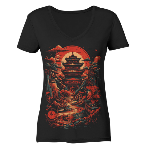 V-Ausschnitt Shirt für Damen Frauen T-Shirt Anime Samurai Bushido Japan Japanischer Tempel 1538 - DragonHive