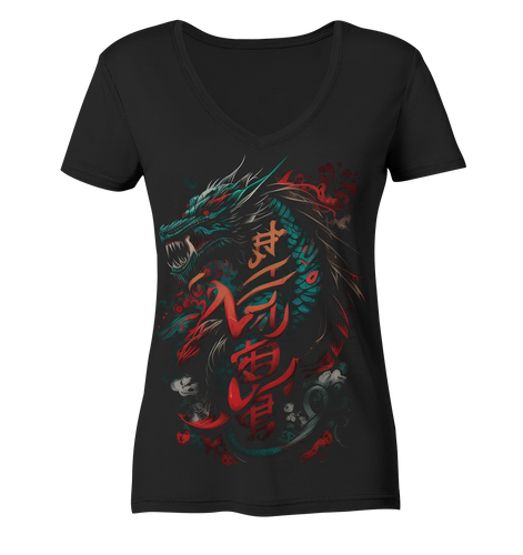 V-Ausschnitt Shirt für Damen Frauen T-Shirt Dragon - Samurai Bushido Japan Katana Drache 8969 - DragonHive