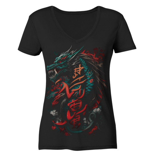 V-Ausschnitt Shirt für Damen Frauen T-Shirt Dragon - Samurai Bushido Japan Katana Drache 8969 - DragonHive