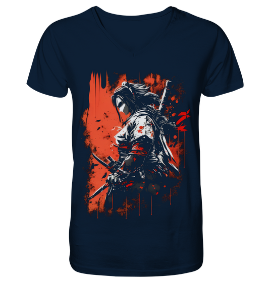V-Ausschnitt Shirt für Herren Männer T-Shirt Samurai Bushido Japan Katana 9841