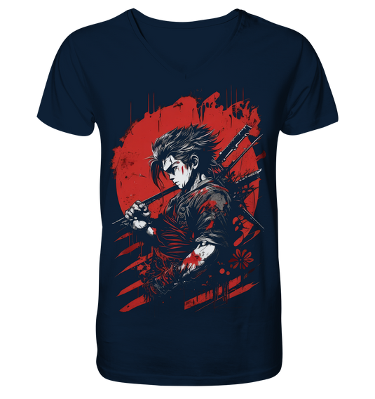 V-Ausschnitt Shirt für Herren Männer T-Shirt Samurai Bushido Japan Katana 8763