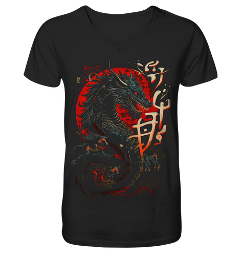 V-Ausschnitt Shirt für Herren Männer T-Shirt Dragon - Samurai Bushido Japan Katana Drache 3952 - DragonHive