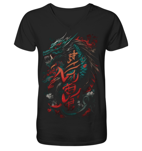 V-Ausschnitt Shirt für Herren Männer T-Shirt Dragon - Samurai Bushido Japan Katana Drache 8969 - DragonHive