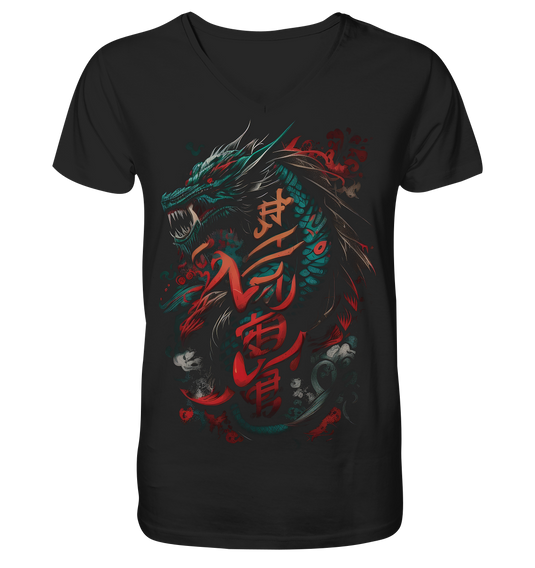 V-Ausschnitt Shirt für Herren Männer T-Shirt Dragon - Samurai Bushido Japan Katana Drache 8969 - DragonHive