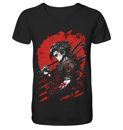 V-Ausschnitt Shirt für Herren Männer T-Shirt Samurai Bushido Japan Katana 8763
