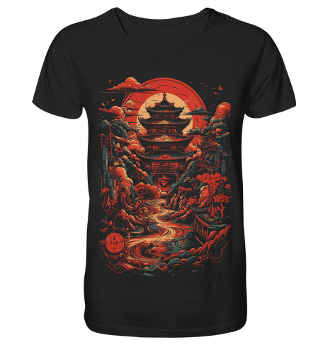 V-Ausschnitt Shirt für Herren Männer T-Shirt Anime Samurai Bushido Japan Japanischer Tempel 1538 - DragonHive