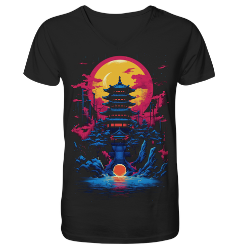V-Ausschnitt Shirt für Herren Männer T-Shirt Anime Samurai Bushido Japan Japanischer Tempel 2473