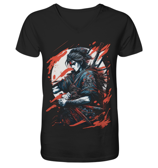 V-Ausschnitt Shirt für Herren Männer T-Shirt Samurai Bushido Japan Katana 7910