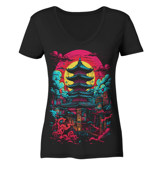 V-Ausschnitt Shirt für Damen Frauen T-Shirt Anime Samurai Bushido Japan Japanischer Tempel 8184 V-Neck Shirts Dragon-Hive Black XS 