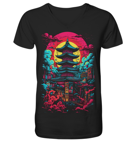 V-Ausschnitt Shirt für Herren Männer T-Shirt Anime Samurai Bushido Japan Japanischer Tempel 8184 V-Neck Shirts Dragon-Hive Black S 