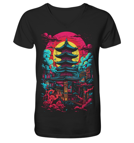 V-Ausschnitt Shirt für Herren Männer T-Shirt Anime Samurai Bushido Japan Japanischer Tempel 8184 V-Neck Shirts Dragon-Hive Black S 